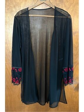 Black Sheer Mesh Kimono Robe Red Floral Lace Goth Pinup Rockabilly Grunge Moody